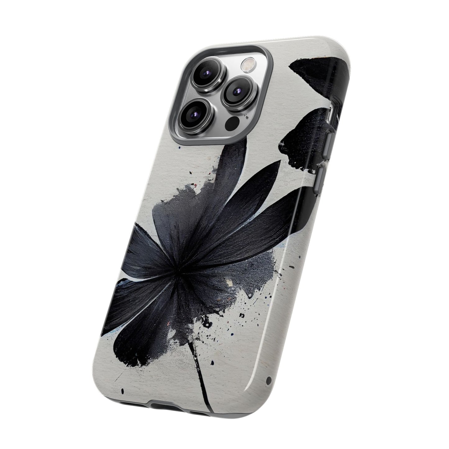 Monochrome Floral Tough Phone Case — Black Ink Flower Protective Cover