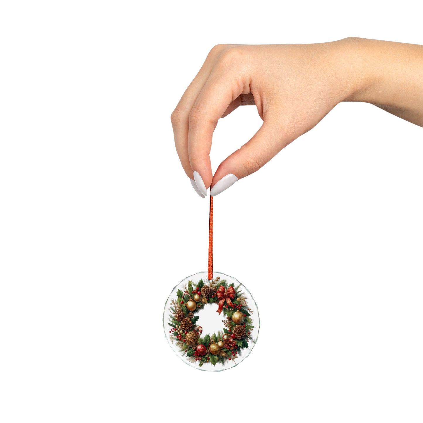 Crystal Glass Ornament — Traditional Pinecone & Holly Christmas Wreath Ornament