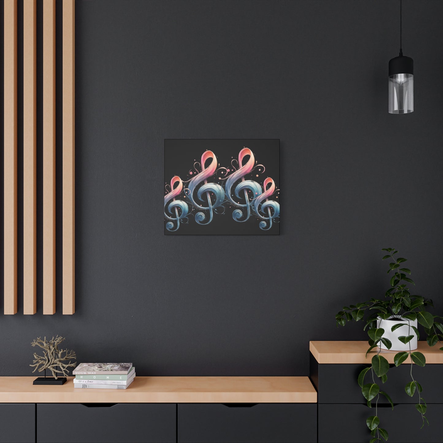 Musical Treble Clef Canvas Wall Art — Pastel Ribbon Notes on Black