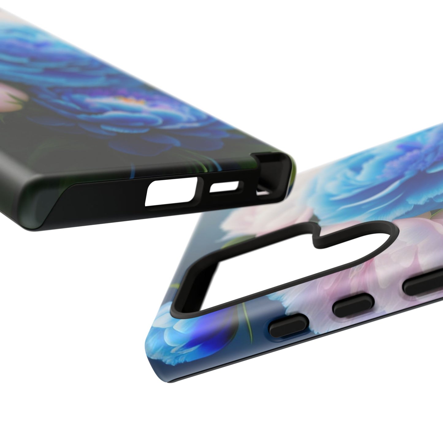 Floral Blue Peony Phone Case — Protective Tough Case with Pink & Blue Blooms