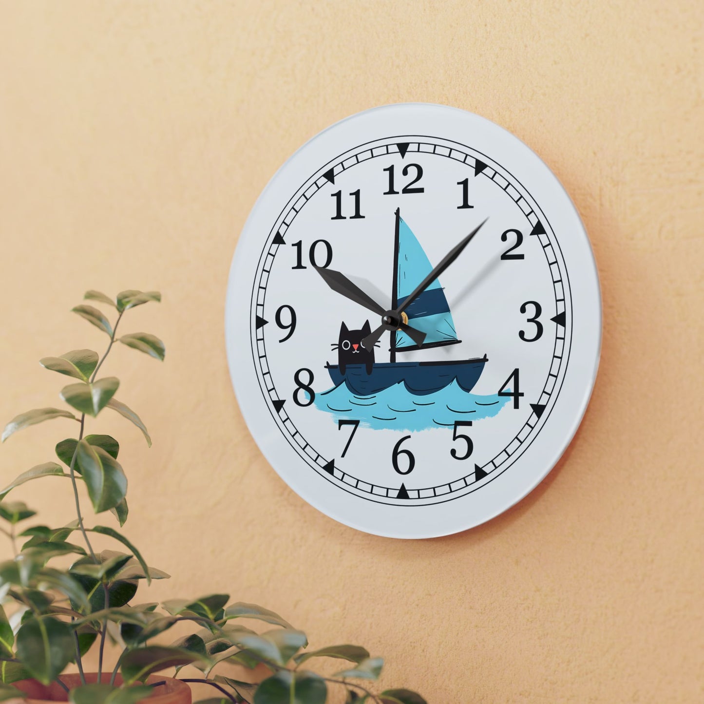 Sailing Cat Acrylic Wall Clock, Cute Home Decor