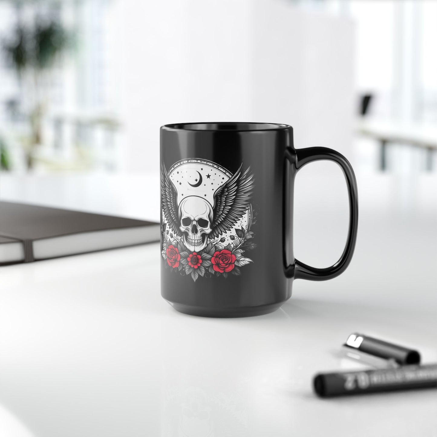 Black Skull & Roses Mug — 15oz Gothic Coffee Cup with Wings and Moon Design