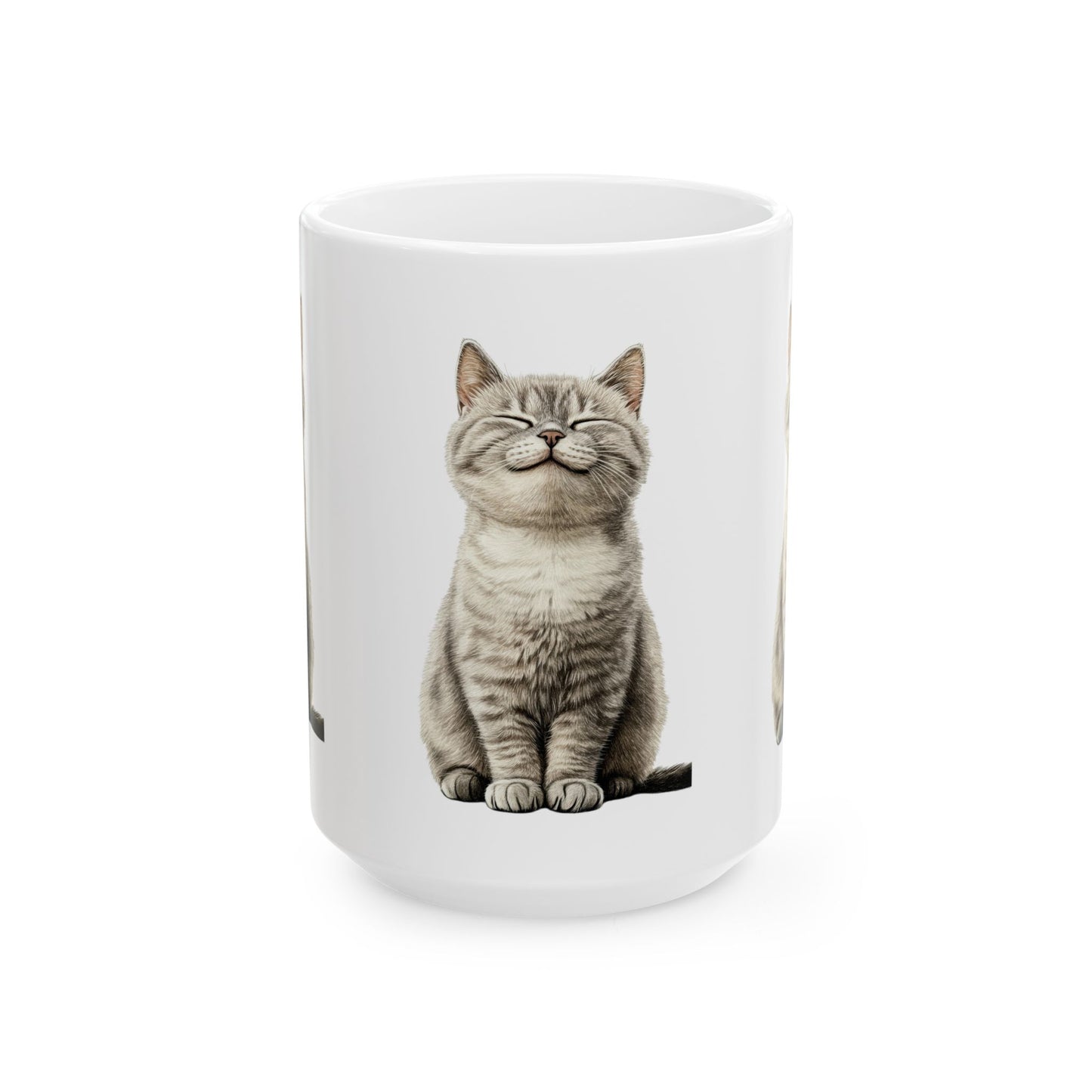 Smiling Grey Tabby Cat Ceramic Mug — Cute Cat Lover Coffee Cup (11oz & 15oz)