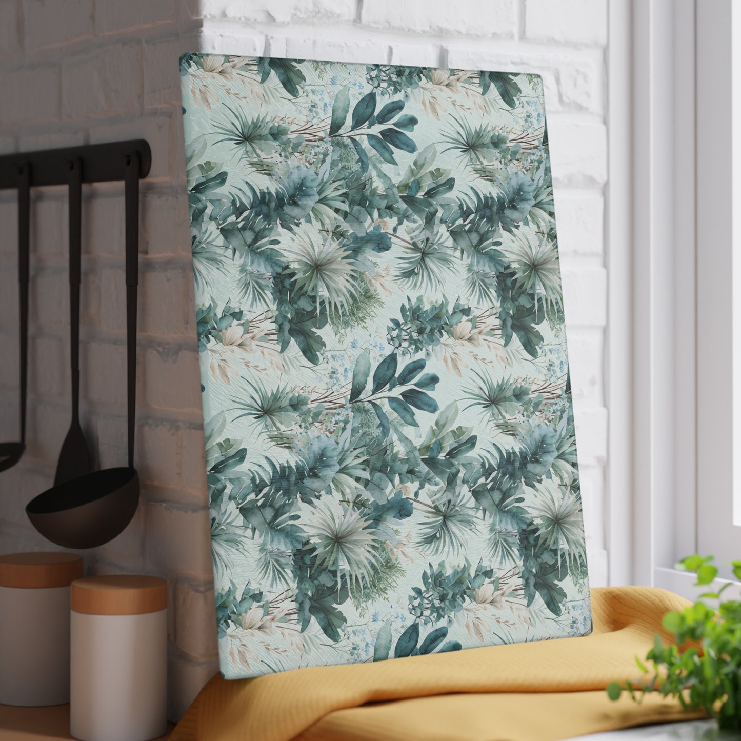 Botanical Glass Cutting Board - Teal Tropical Palm Pattern