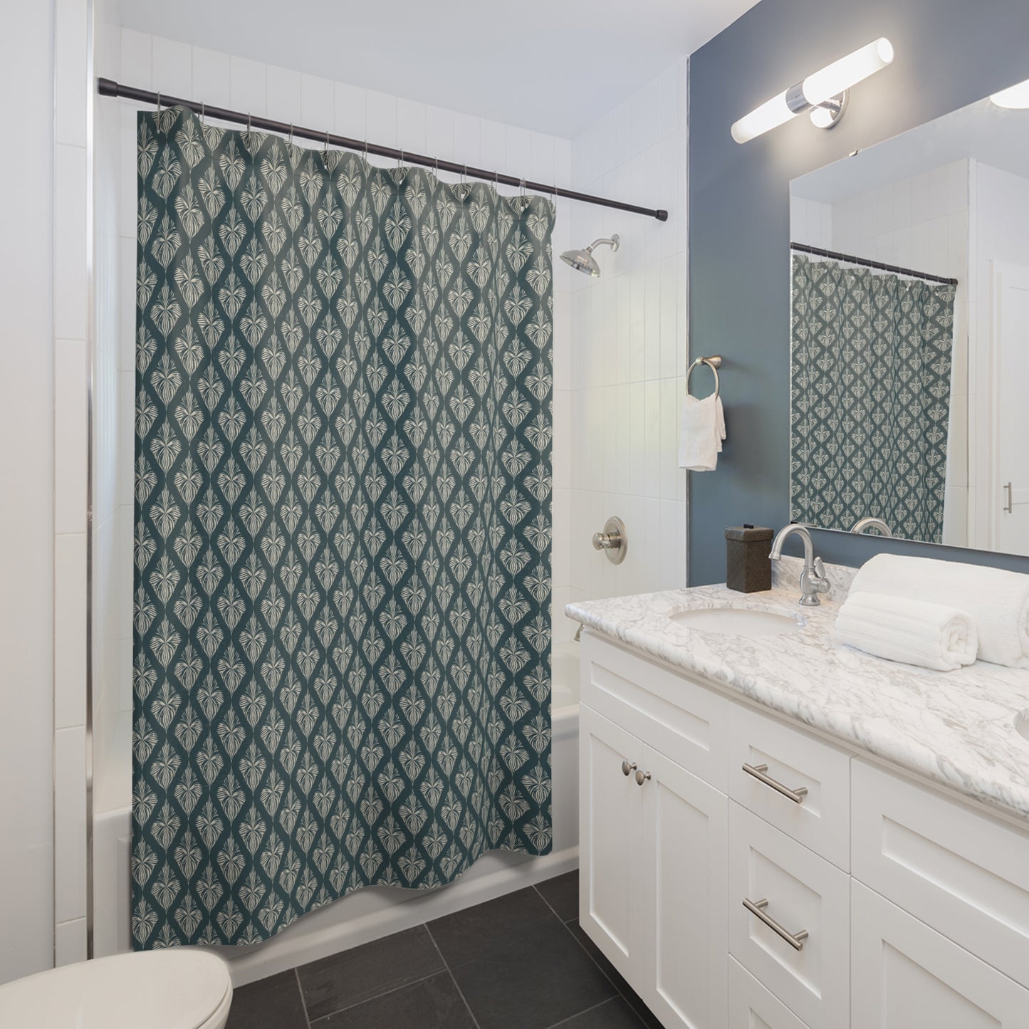 Shower Curtain — Teal Geometric Tile Pattern Bath Curtain