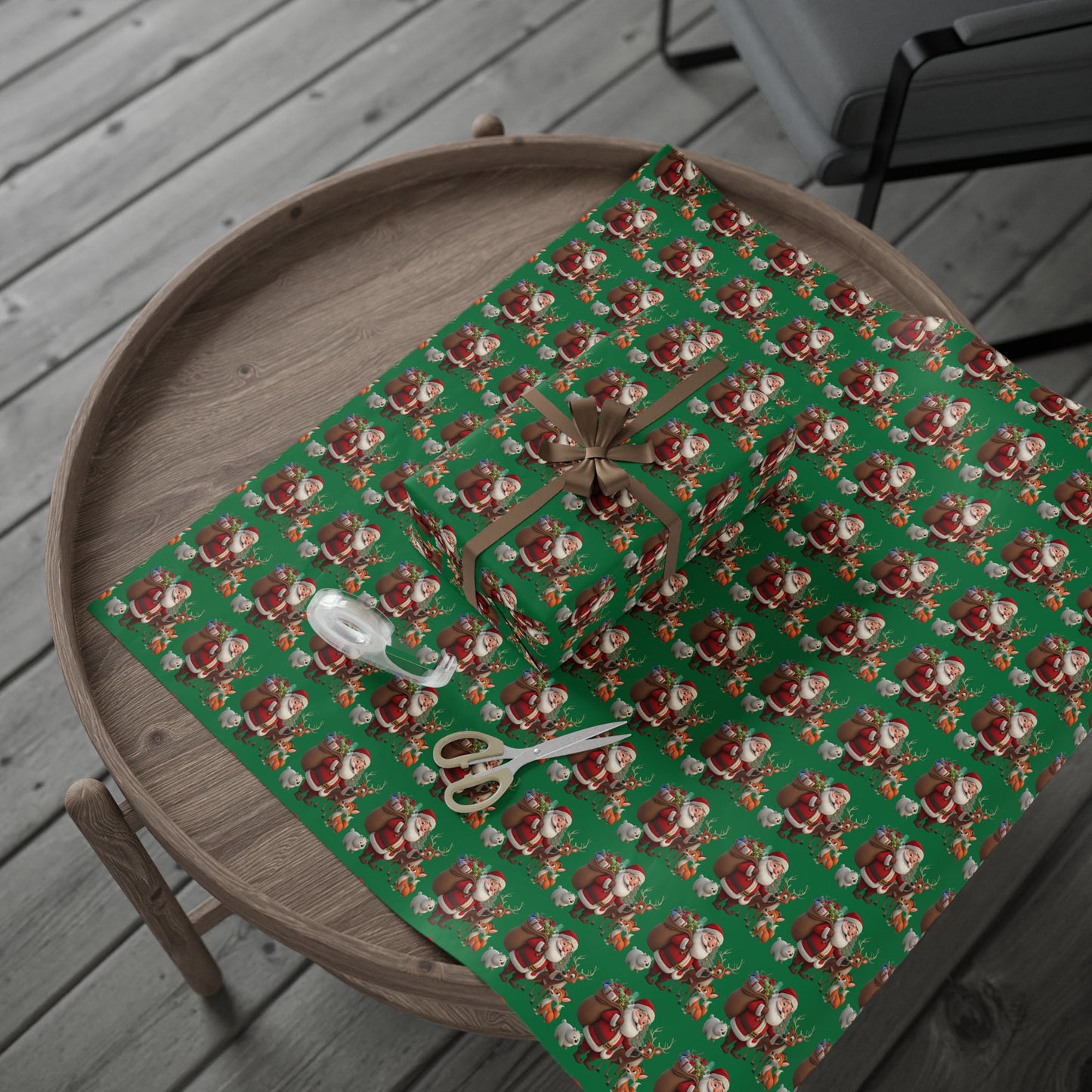 Christmas Santa & Reindeer Wrapping Paper Roll — Festive Green Holiday Gift Wrap