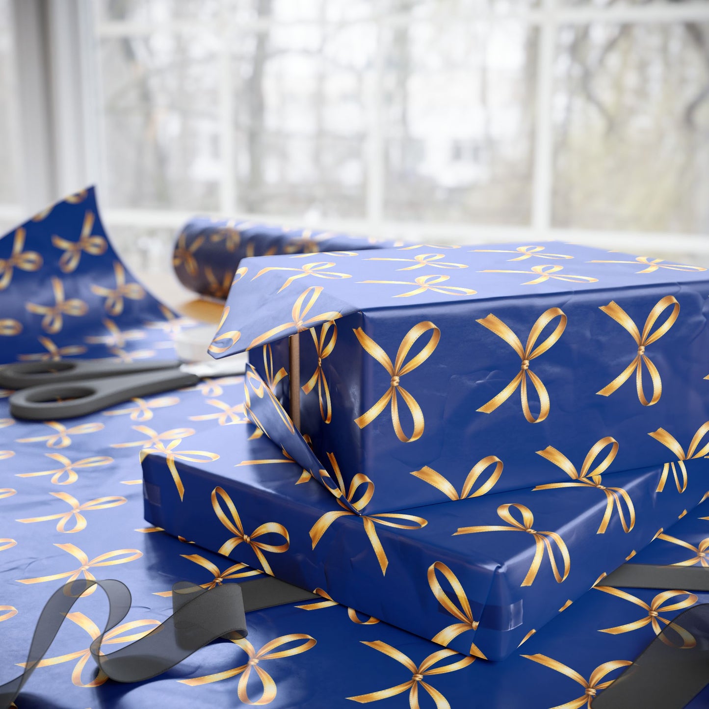 Wrapping Paper — Blue Gift Wrap with Gold Ribbon Pattern