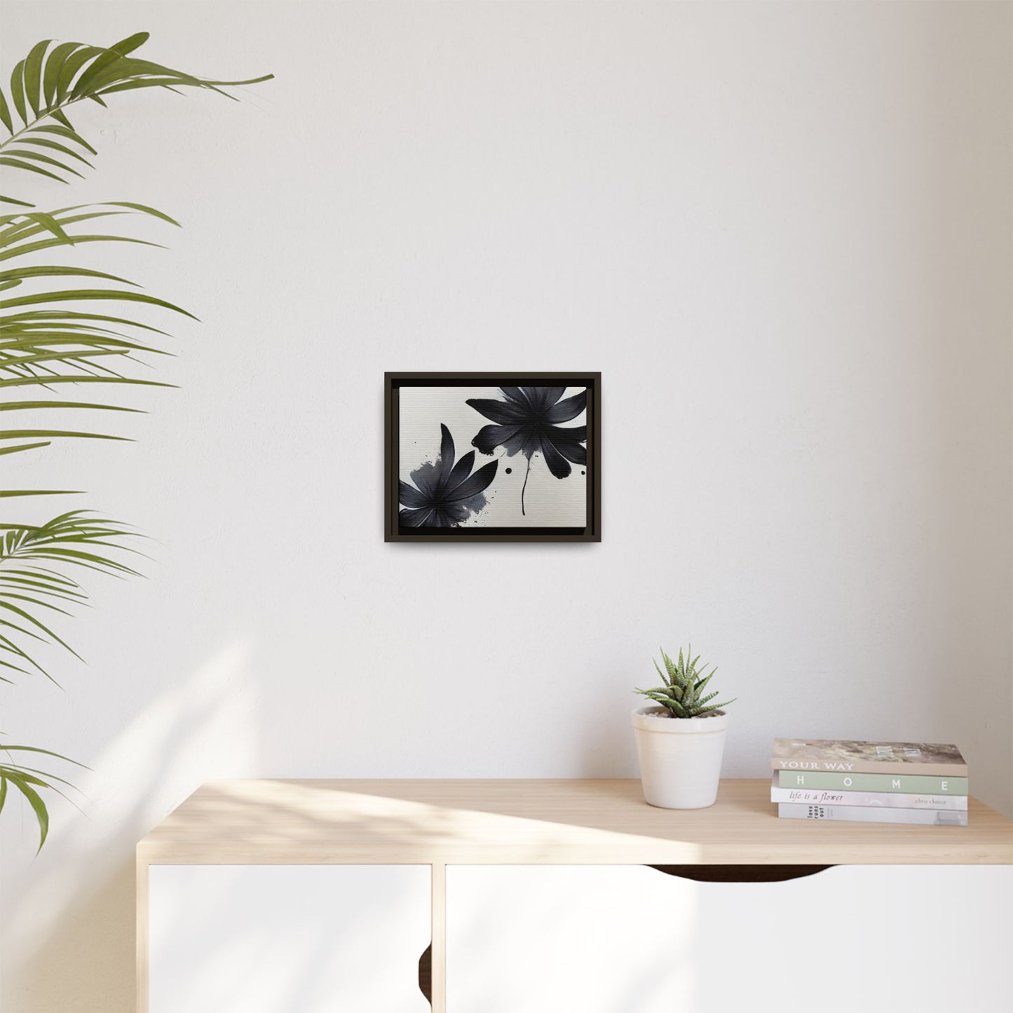 Framed Black Floral Matte Canvas Wall Art — Monochrome Botanical Print