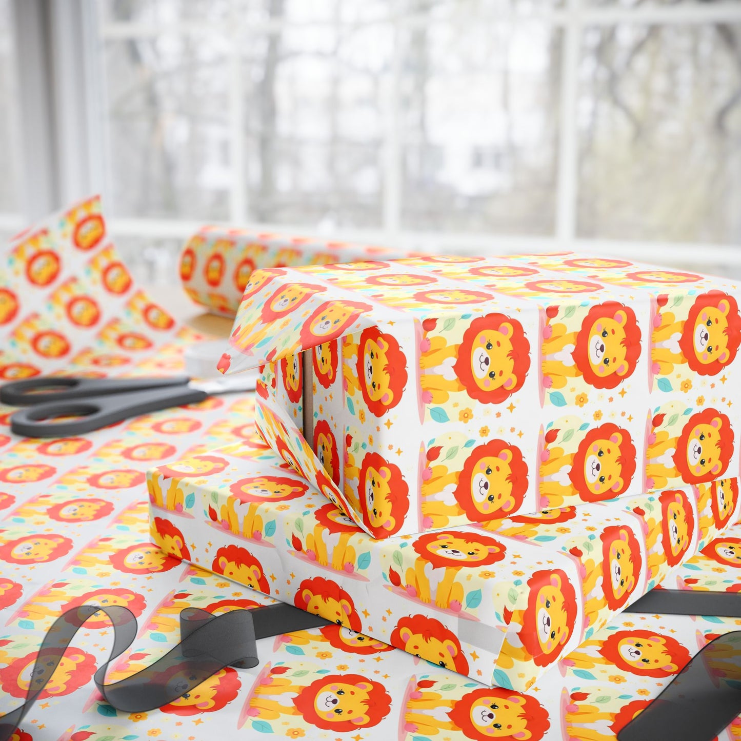 Wrapping Paper — Cute Cartoon Lion Pattern Gift Wrap (Bright Kids Birthday)