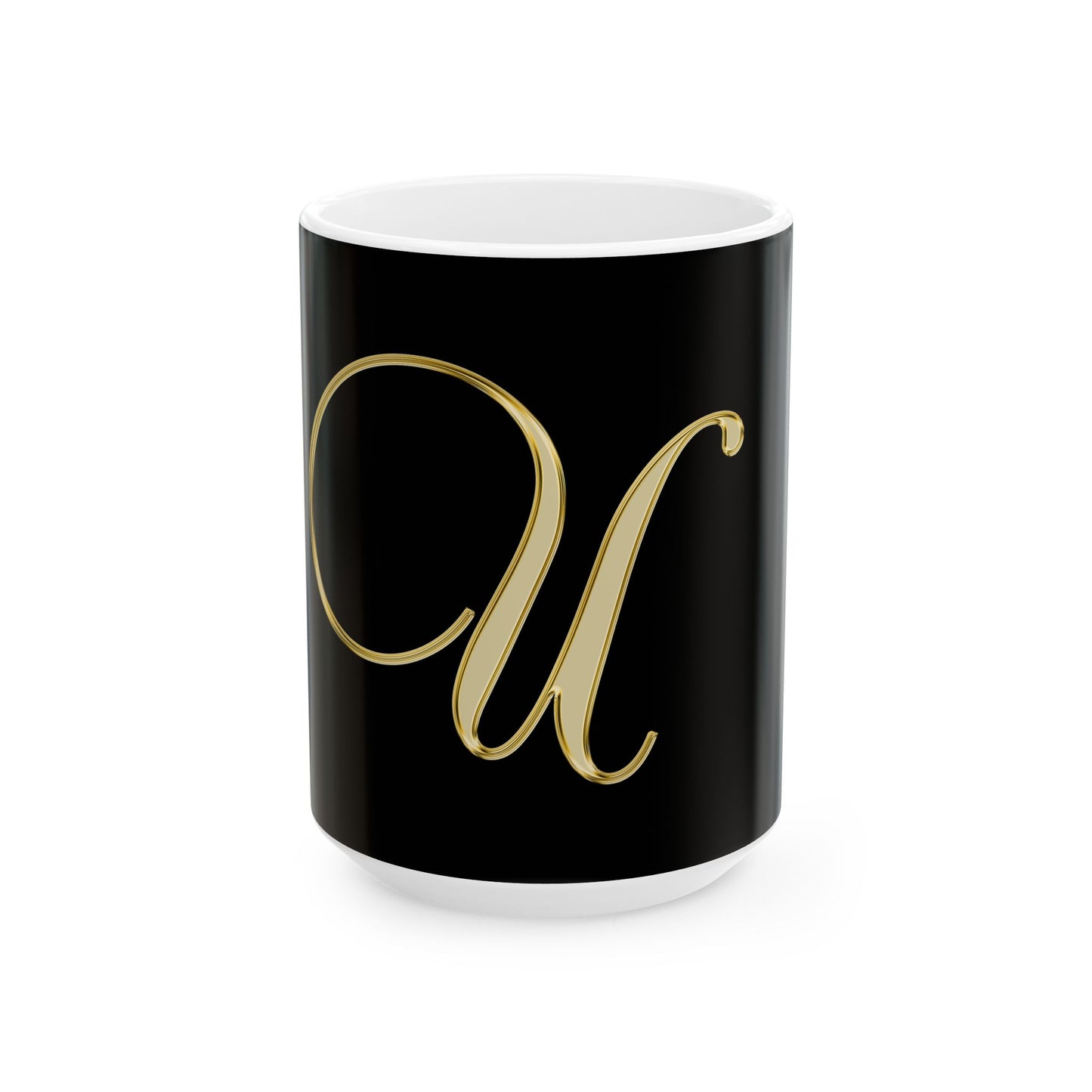 Monogram U Gold Script Ceramic Mug — Elegant Black & Gold Initial Coffee Cup (11oz, 15oz)