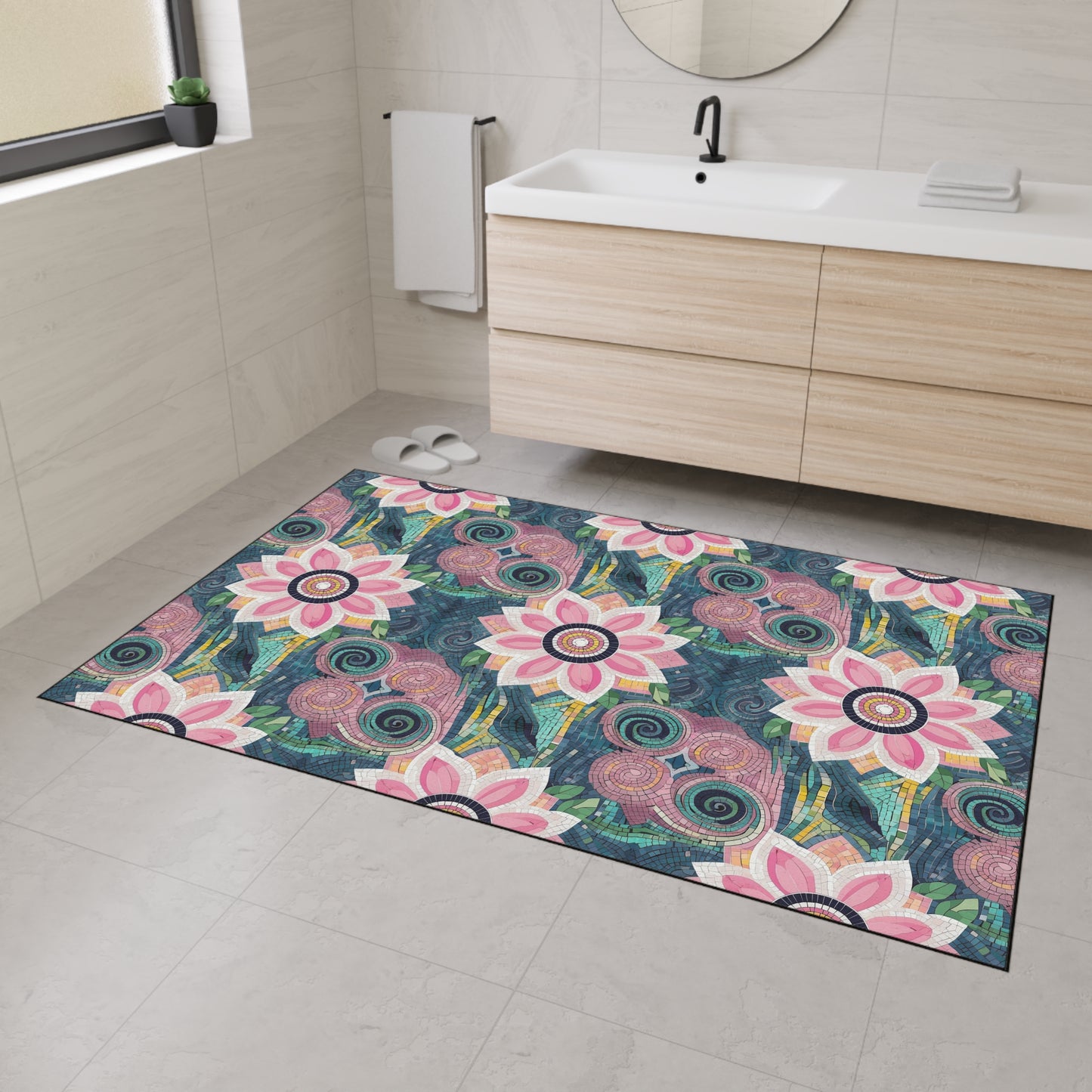 Floral Boho Heavy-Duty Floor Mat — Pink Lotus Pattern Rug