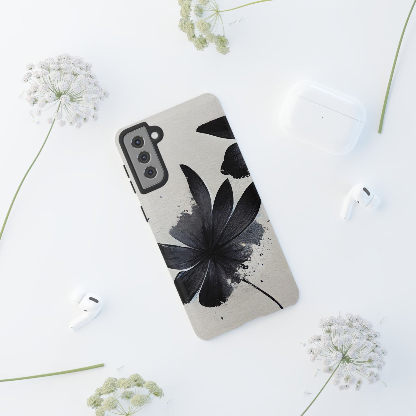 Monochrome Floral Tough Phone Case — Black Ink Flower Protective Cover