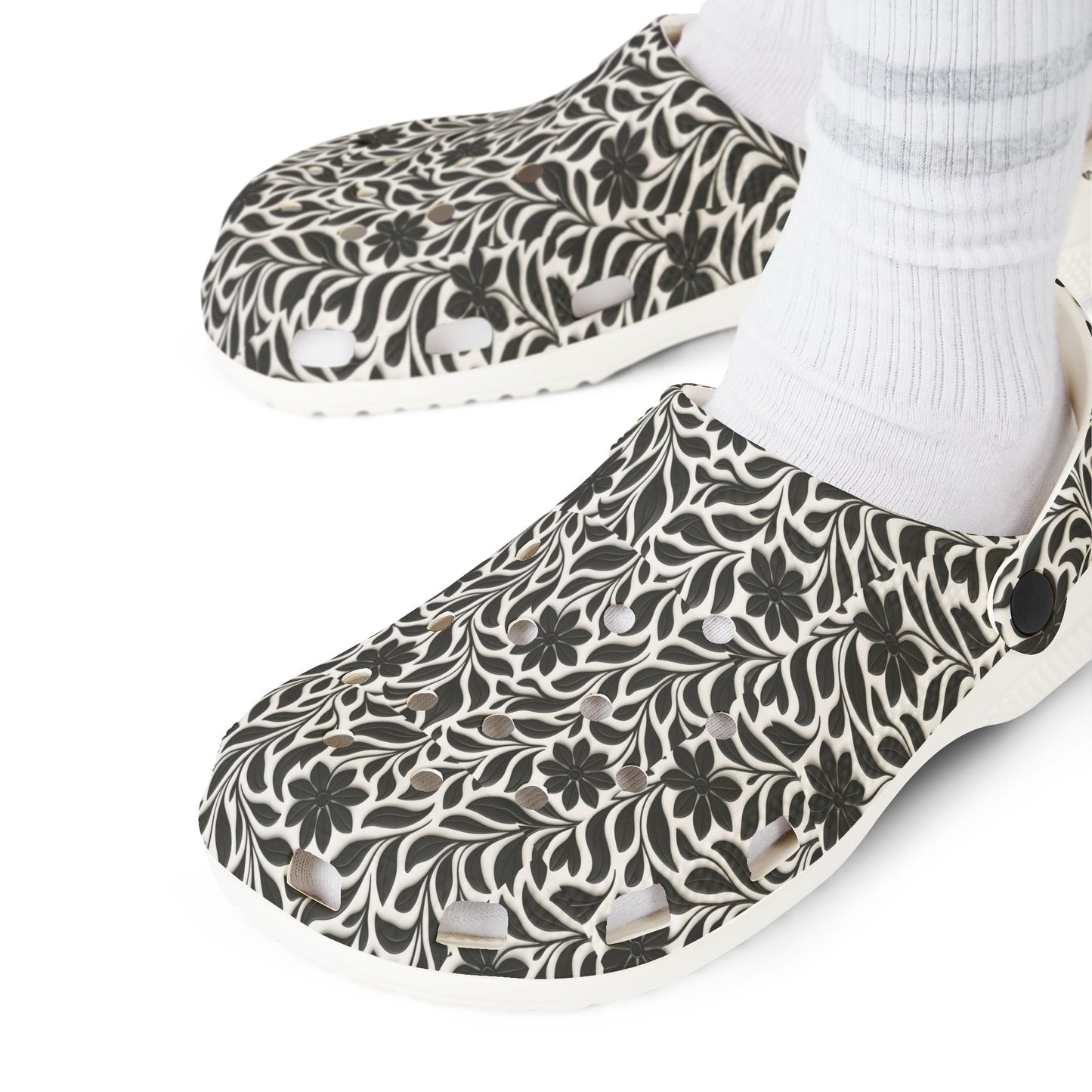 Floral EVA Foam Clogs — Lightweight Black & Cream Garden Pattern
