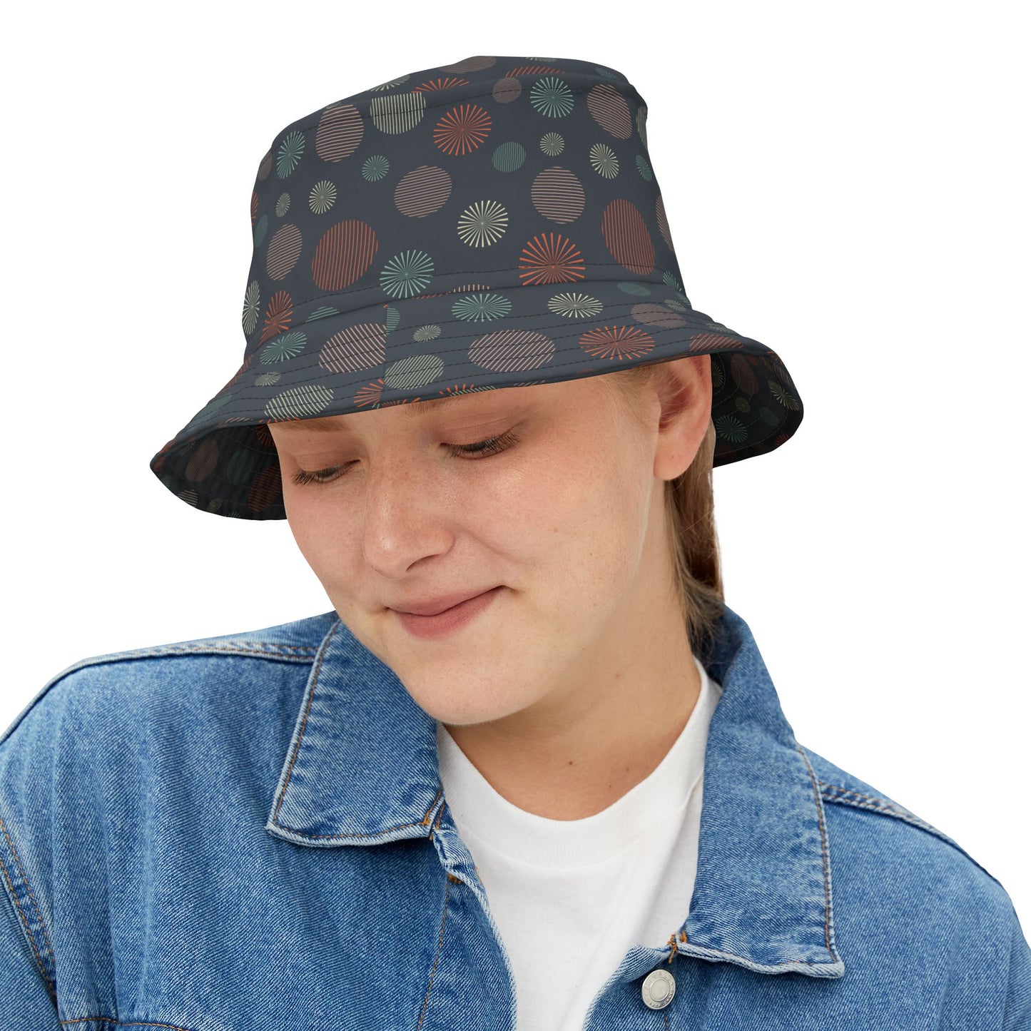Bucket Hat — Dark Confetti Dot Pattern, Stylish Sun & Festival Accessory