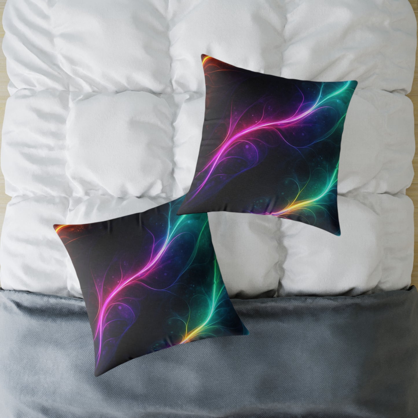 Neon Aurora Abstract Square Pillow — Vibrant Cosmic Decorative Throw Pillow