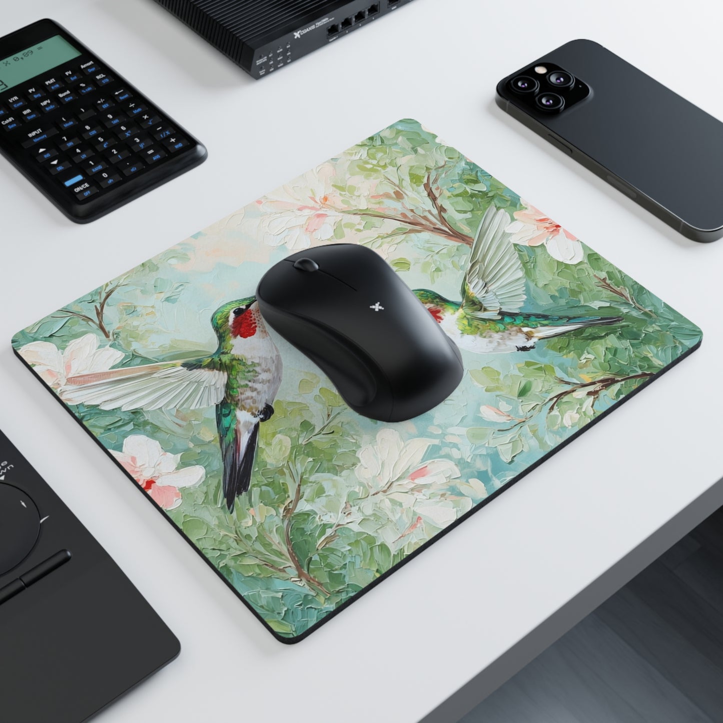 Hummingbird Garden Rectangular Mouse Pad — Floral Wildlife Desk Mat