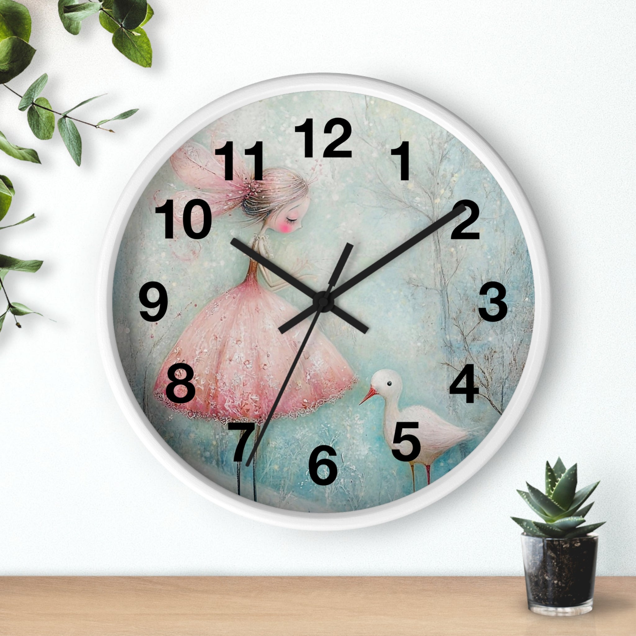 Whimsical Girl & Swan Wall Clock — Pastel Nursery Decor