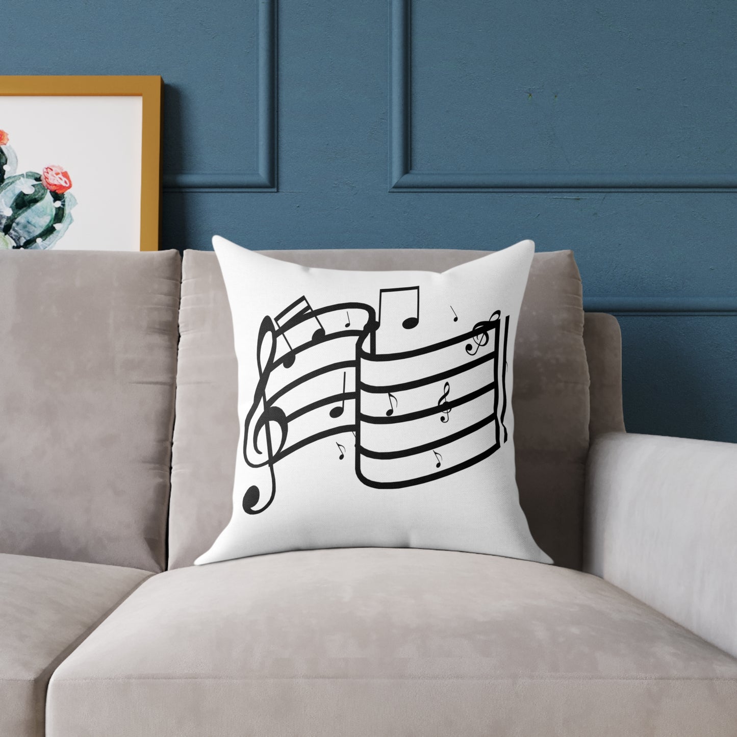 Music Notes Square Throw Pillow - Black Treble Clef Sheet Design