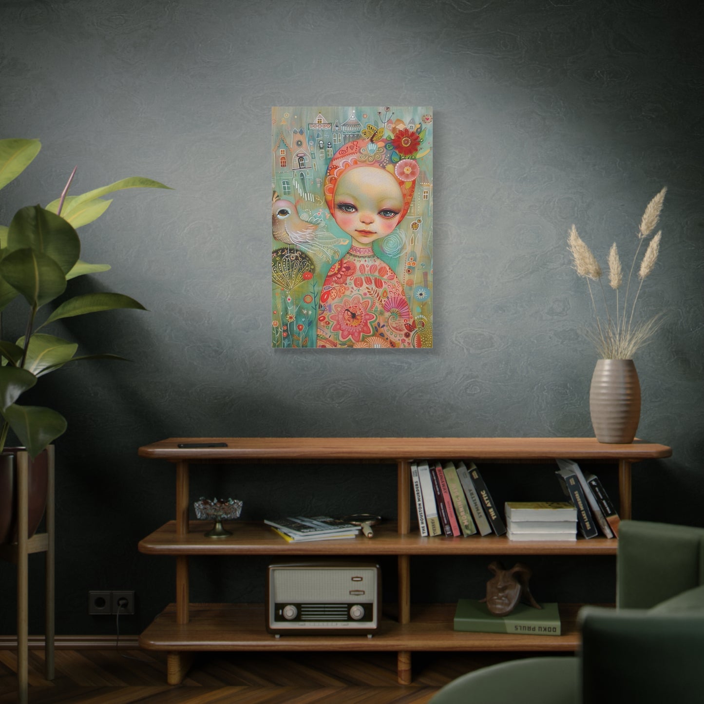 Whimsical Girl & Bird Matte Canvas Wall Art — Stretched Decorative Painting