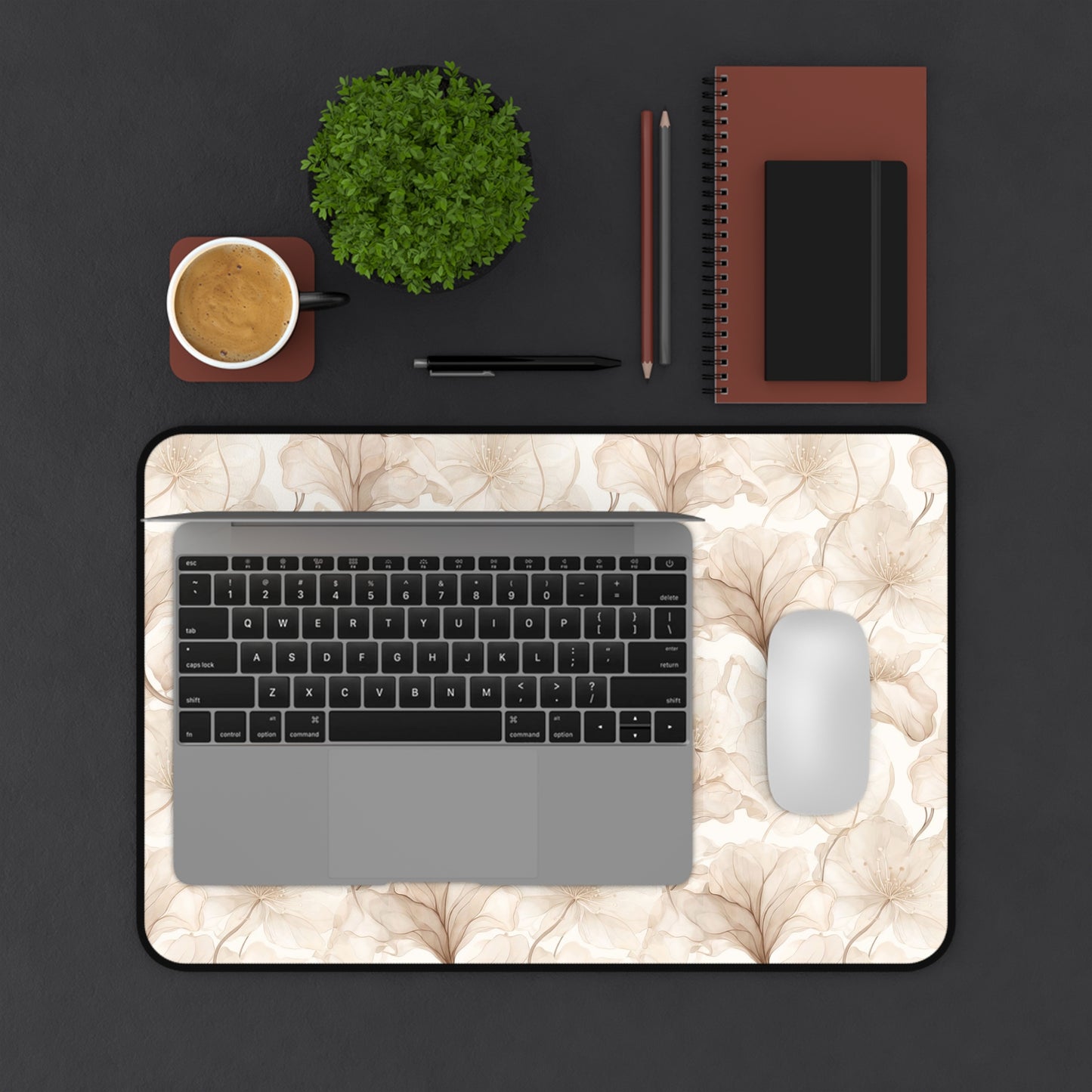 Floral Beige Desk Mat — Neutral Watercolor Ginkgo Mousepad