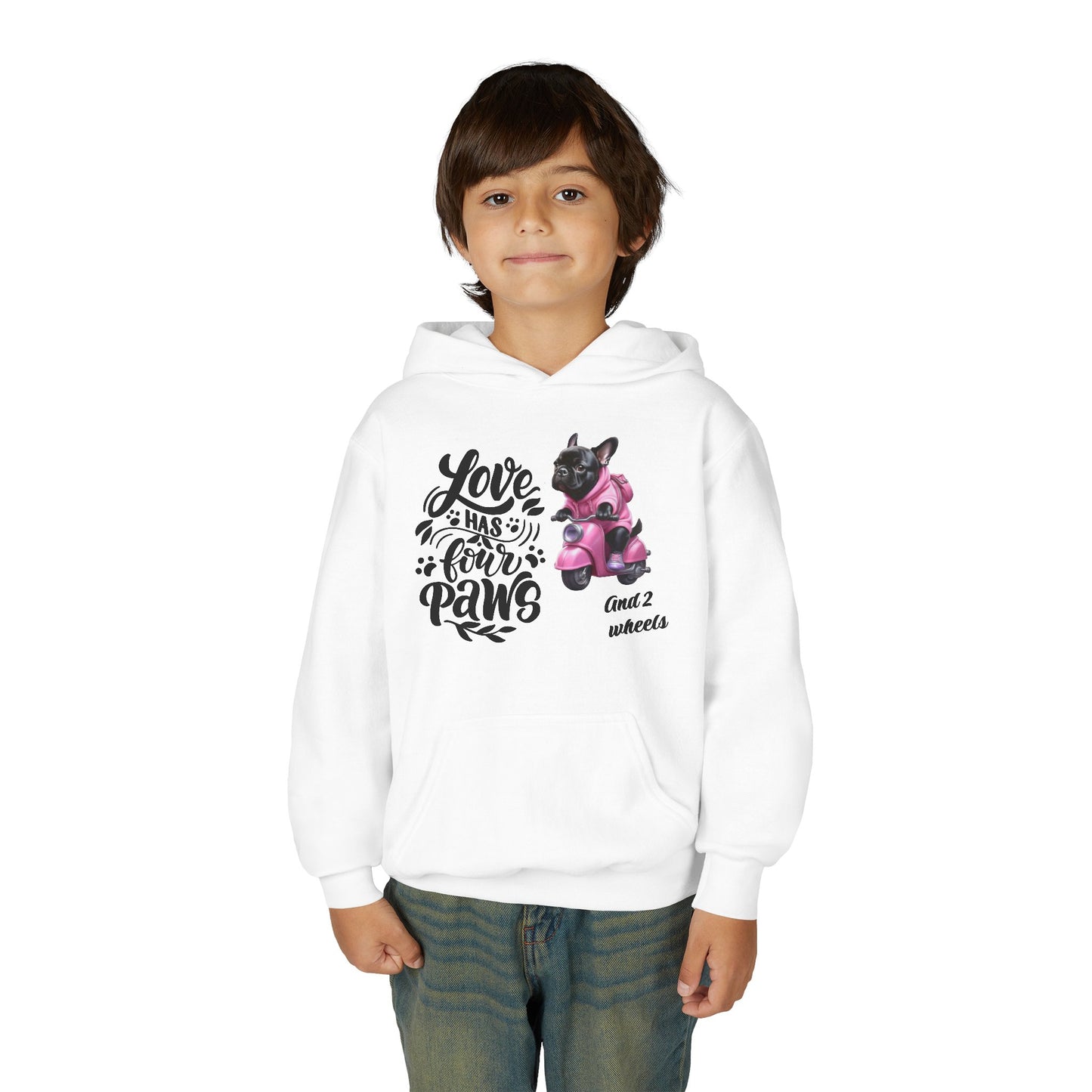 Youth Hoodie — "Love Has Four Paws" Pink Scooter French Bulldog Graphic