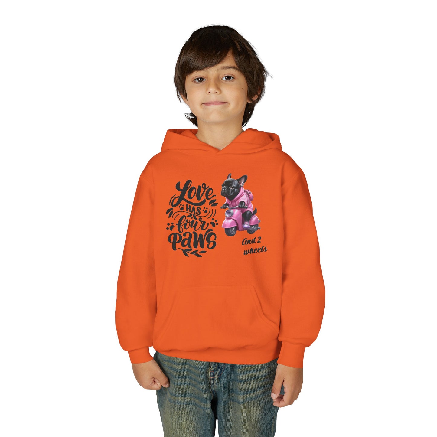 Youth Hoodie — "Love Has Four Paws" Pink Scooter French Bulldog Graphic
