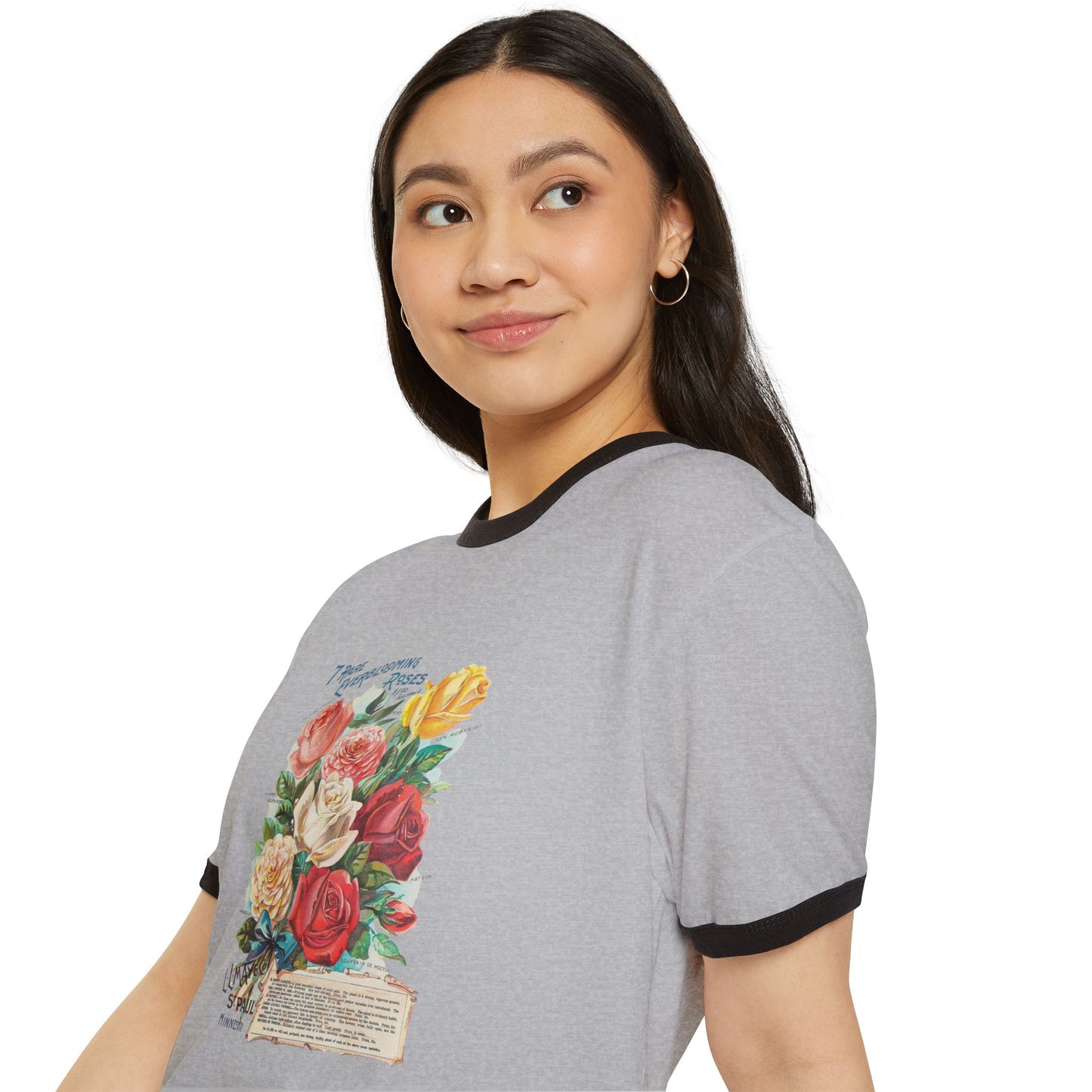 Ringer T-Shirt - Vintage Botanical Rose Bouquet (Includes Floral Text)
