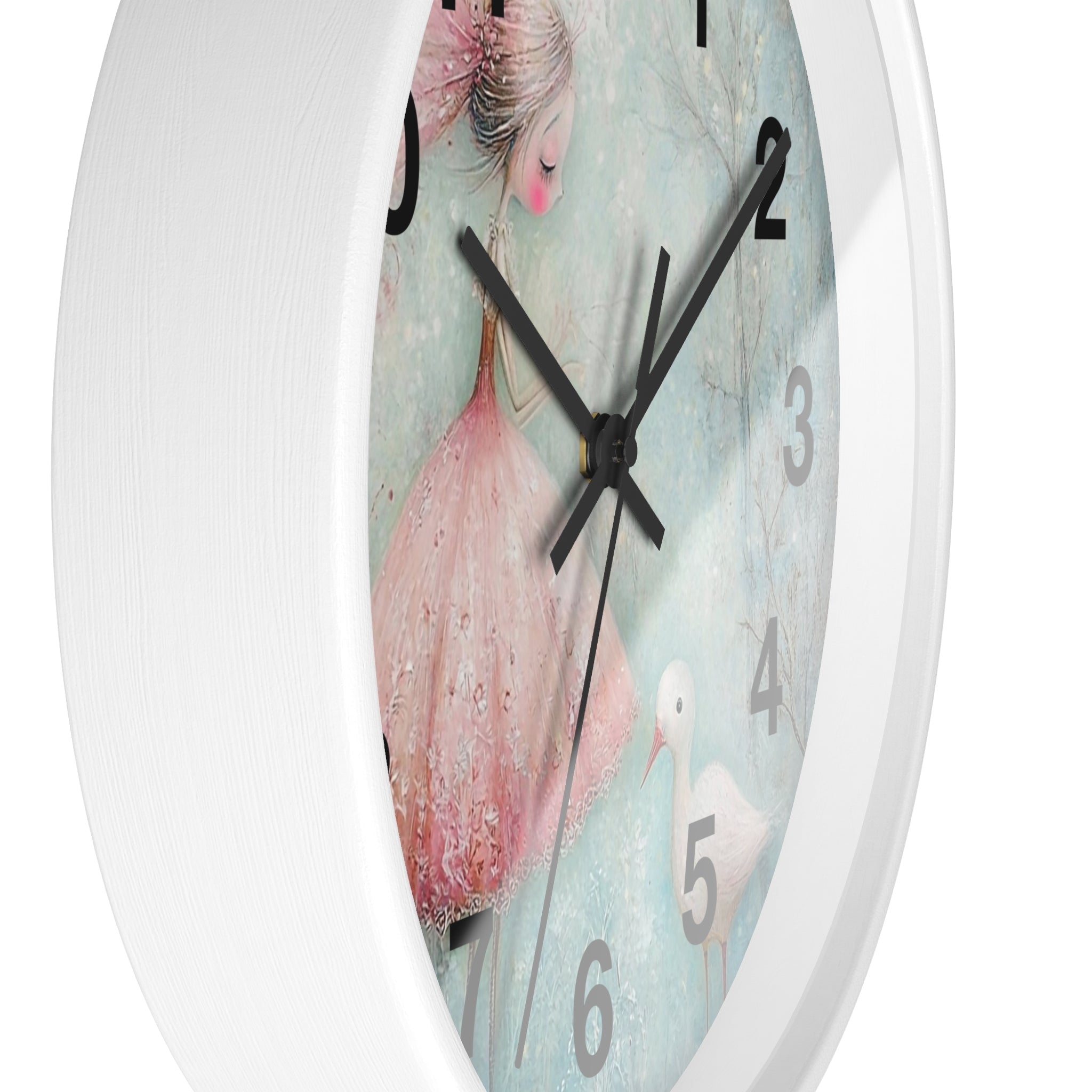 Whimsical Girl & Swan Wall Clock — Pastel Nursery Decor