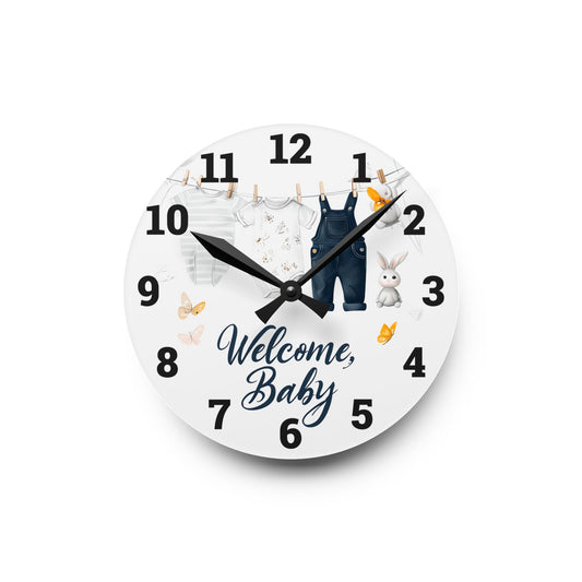Cute Baby Welcome Acrylic Wall Clock, Nursery Decor, Baby Shower