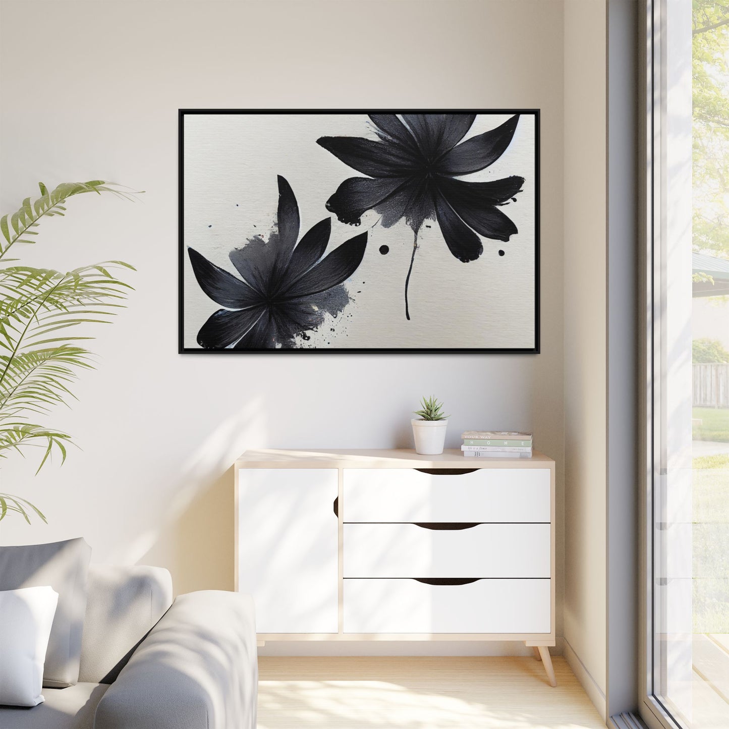 Framed Black Floral Matte Canvas Wall Art — Monochrome Botanical Print