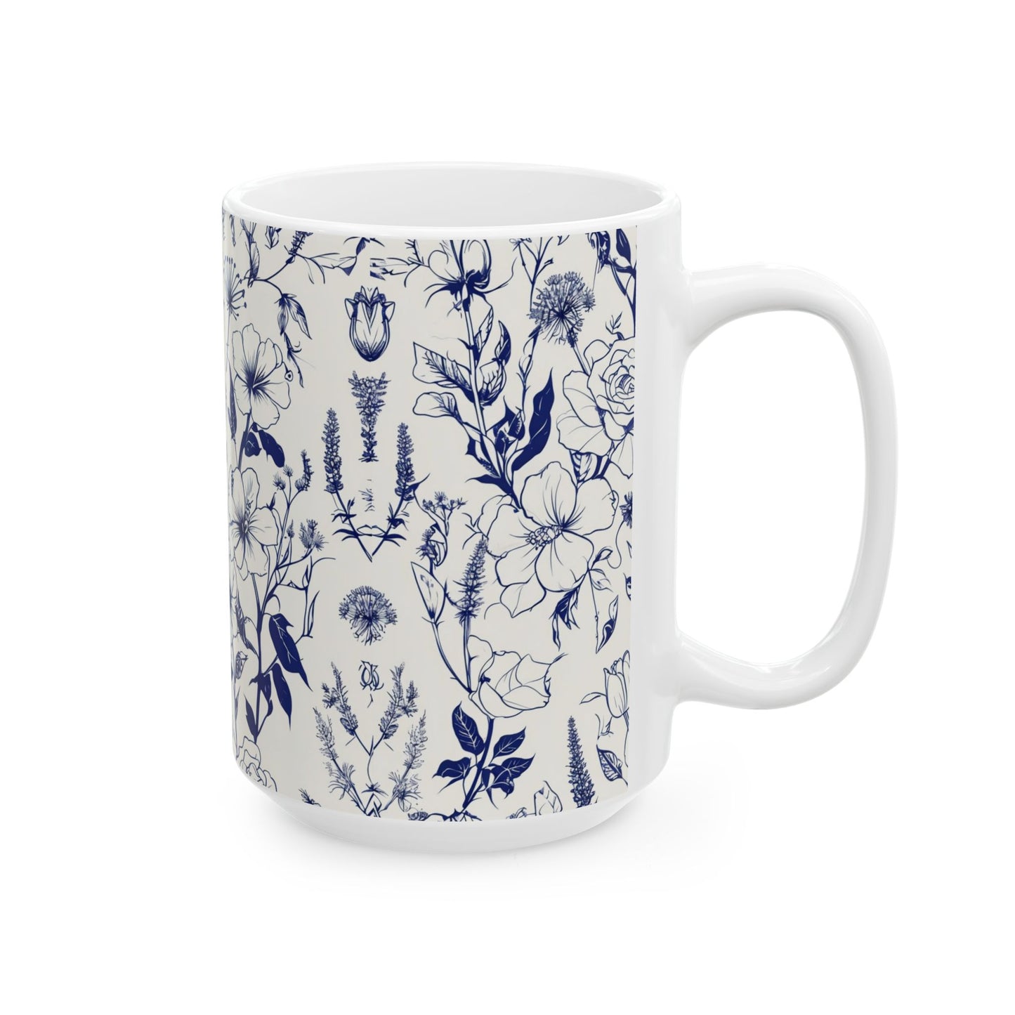 Blue Floral Ceramic Mug — Vintage Navy Botanical Coffee Cup (11oz, 15oz)