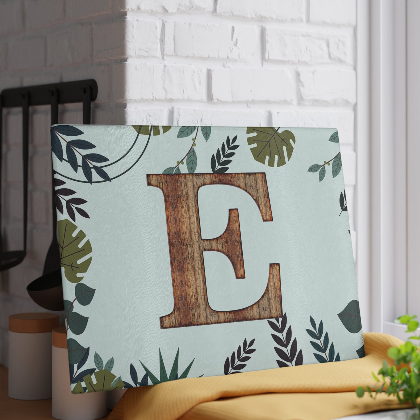 Monogram Glass Cutting Board — Rustic Wood ‘E’ with Tropical Leaf Border