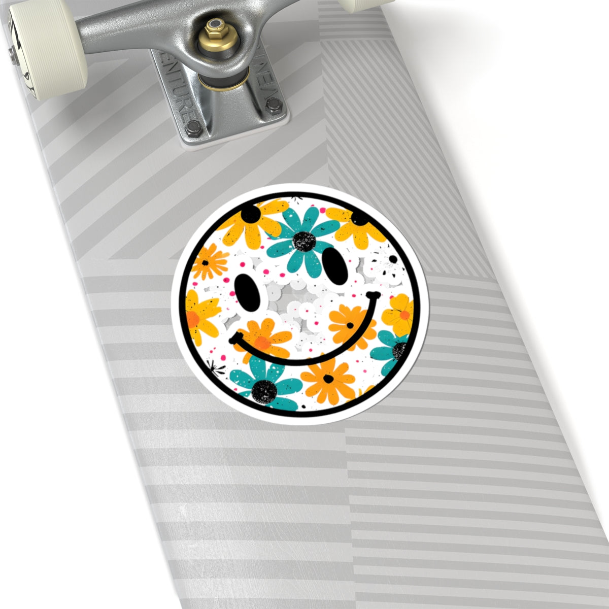 Floral Smiley Kiss-Cut Sticker — Colorful Daisy Happy Face Laptop Decal