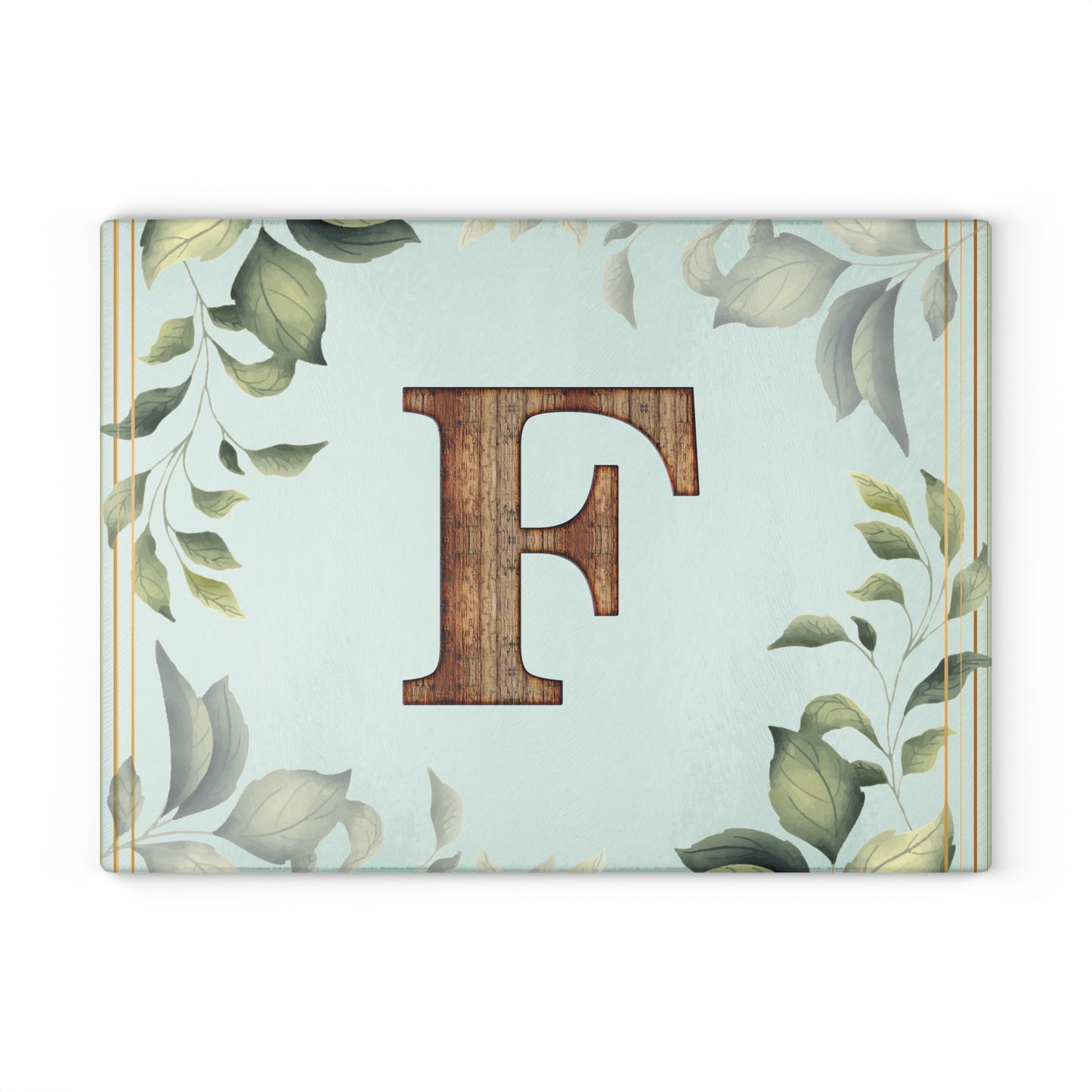 Monogram Glass Cutting Board – Rustic Wood 'F' with Greenery Border