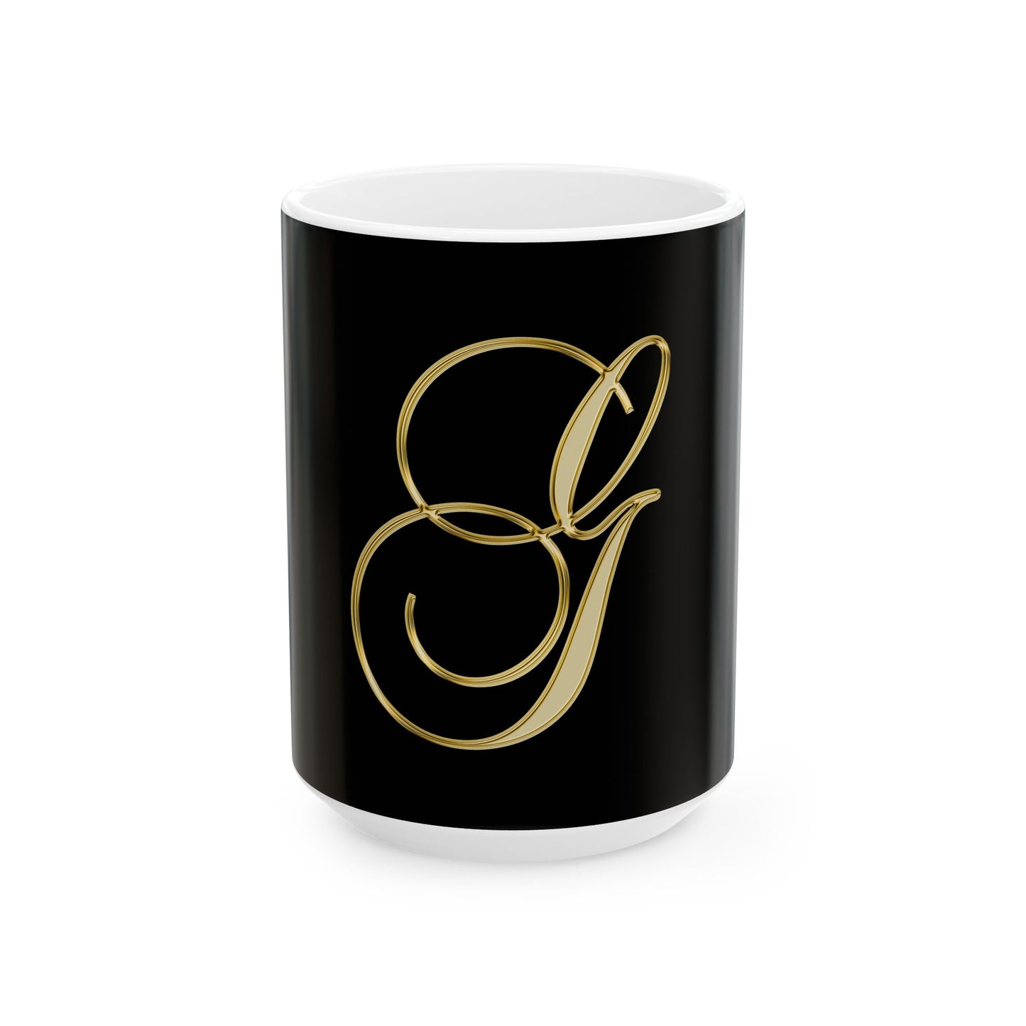 Monogram 'G' Gold Script Ceramic Mug — Elegant Personalized Initial Coffee Cup (11oz, 15oz)
