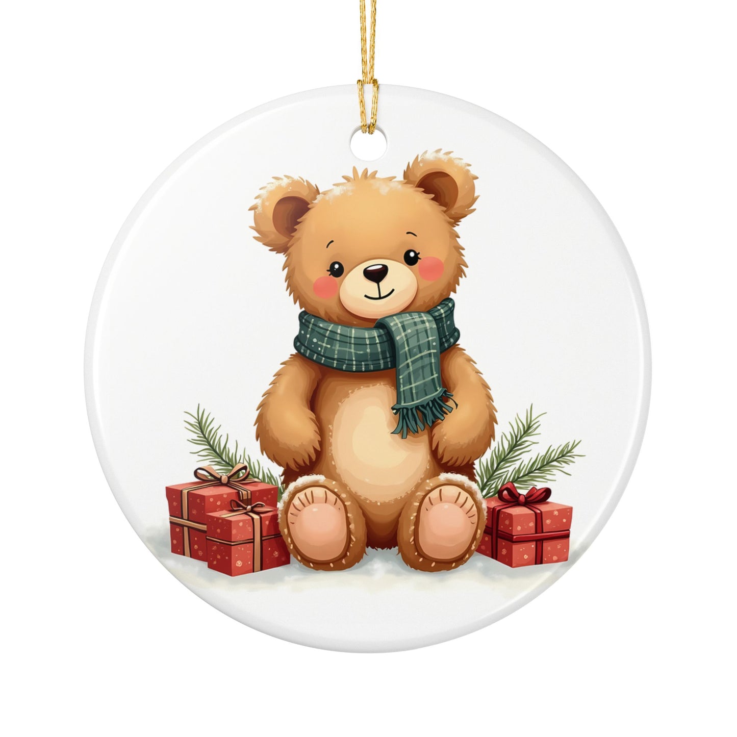Teddy Bear Christmas Ornament — Cute Holiday Ceramic Tree Decor (Two-Sided)