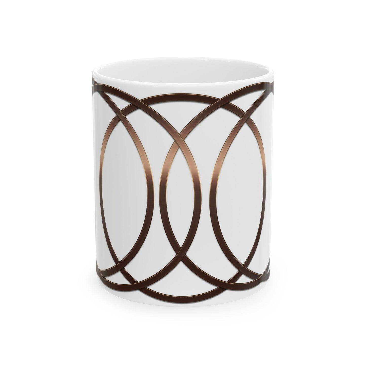 Modern Geometric Ceramic Mug — Bronze Interlocking Circle Pattern (11oz & 15oz)