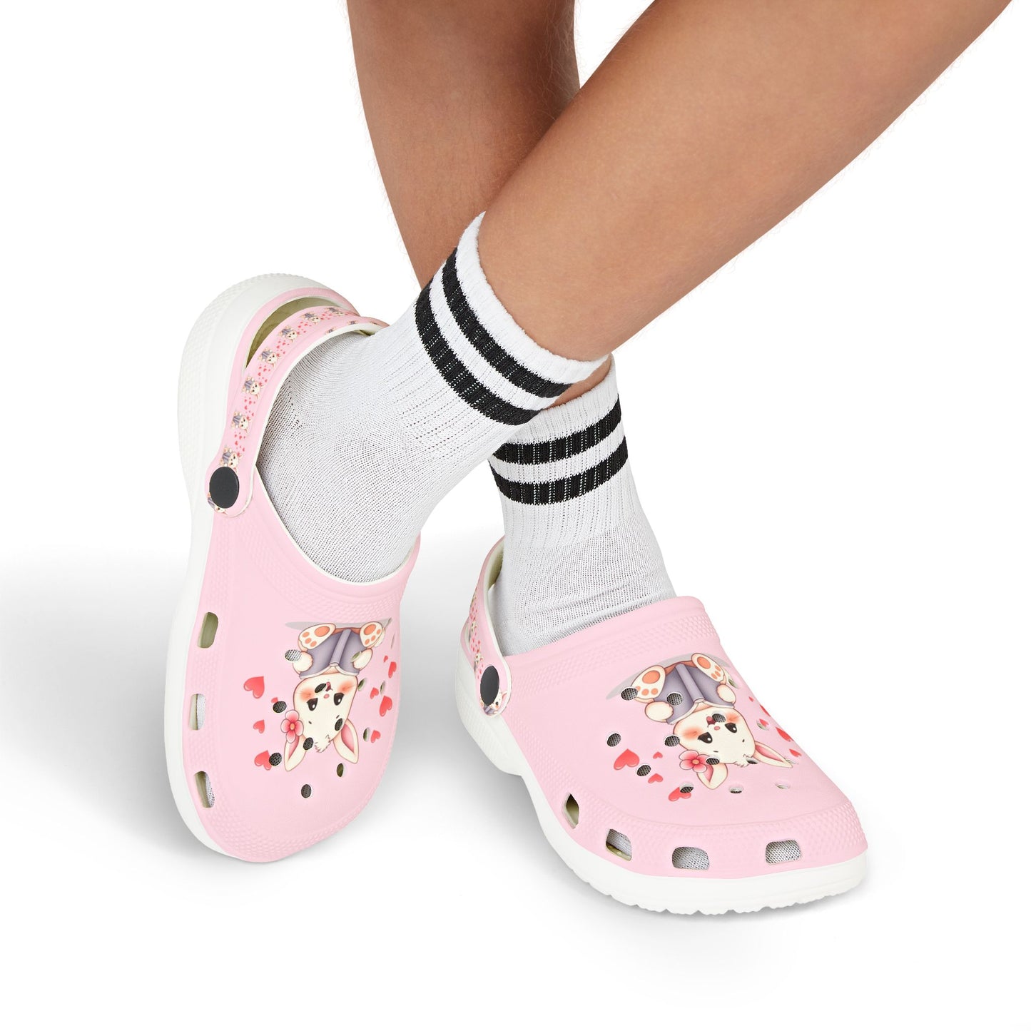 Kids Pink Bunny Clogs — Cute EVA Foam Slip-On Shoes with Hearts