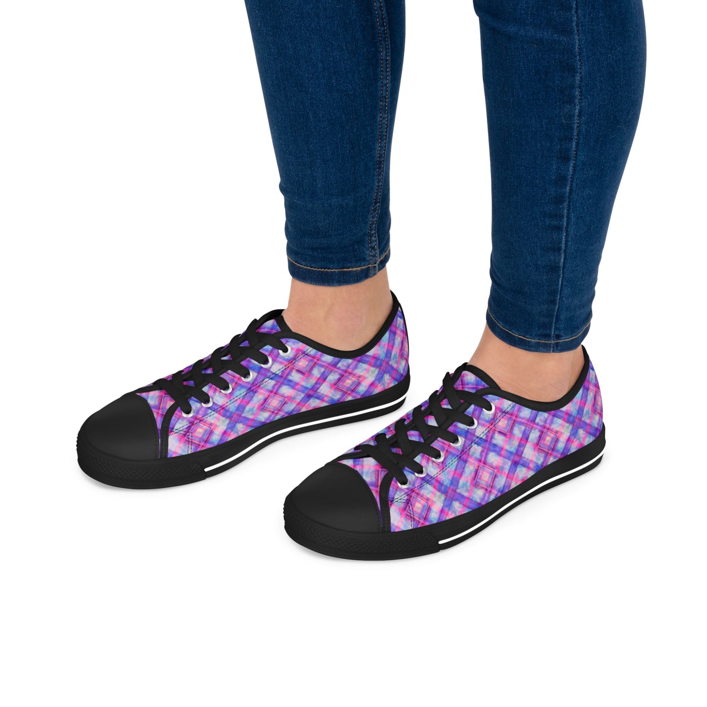 Women's Low Top Sneakers — Pink Purple Plaid Casual Canvas Shoes