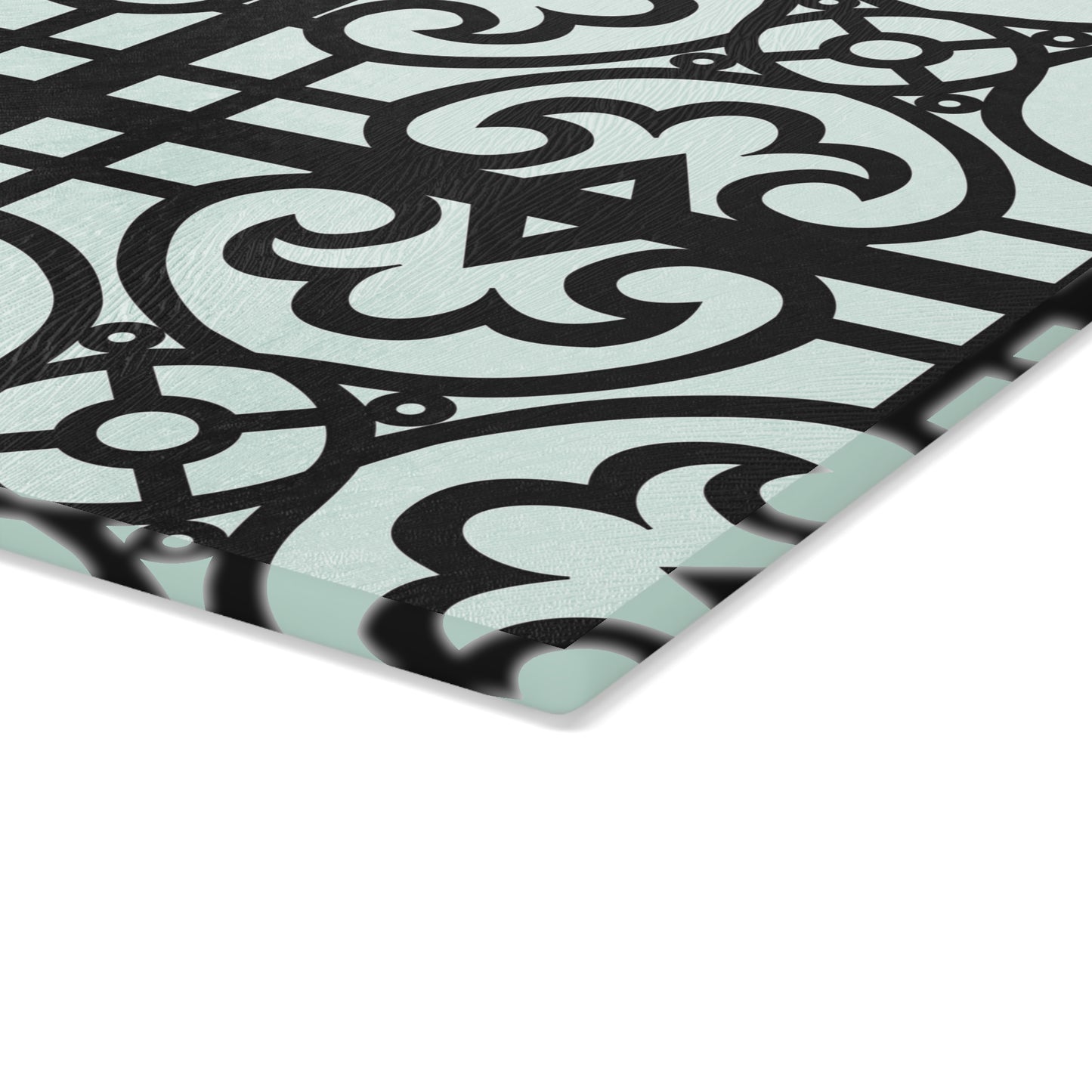 Glass Cutting Board — Decorative Moroccan Tile Pattern in Mint & Black