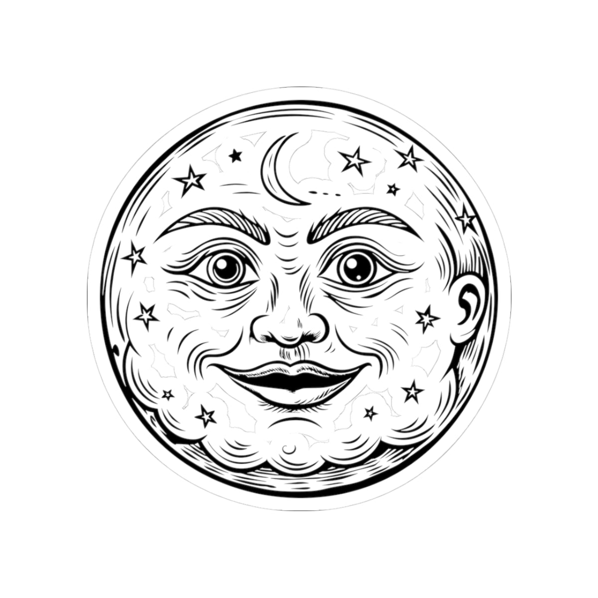 Vintage Moon Face Kiss-Cut Sticker — Celestial Stars & Crescent Design