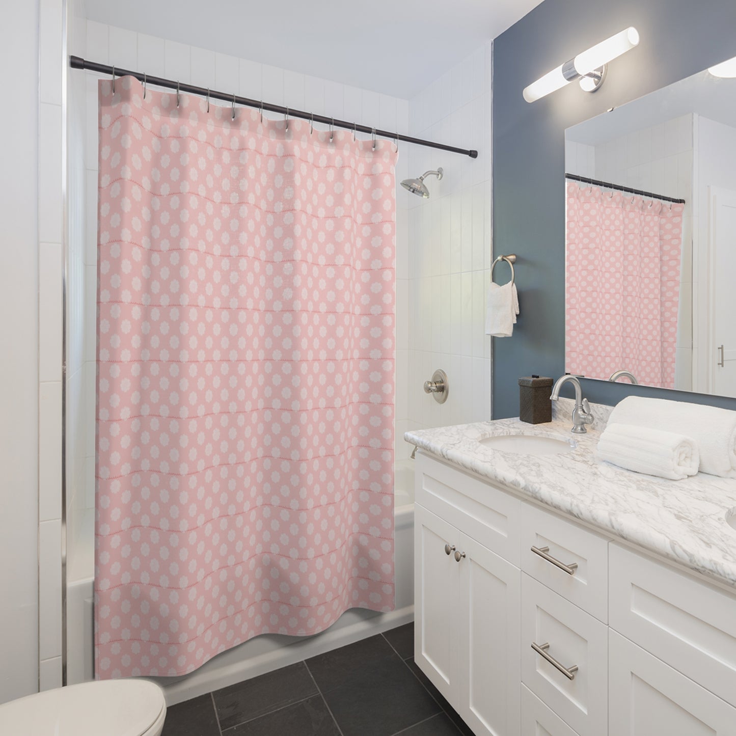 Pink Polka Dot Shower Curtain — Soft Pastel Floral Dots Bathroom Decor