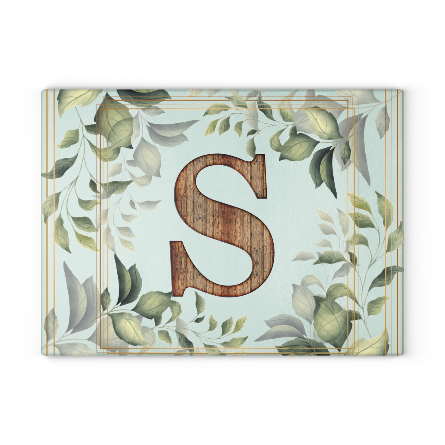 Monogram S Glass Cutting Board — Rustic Wood Initial with Greenery