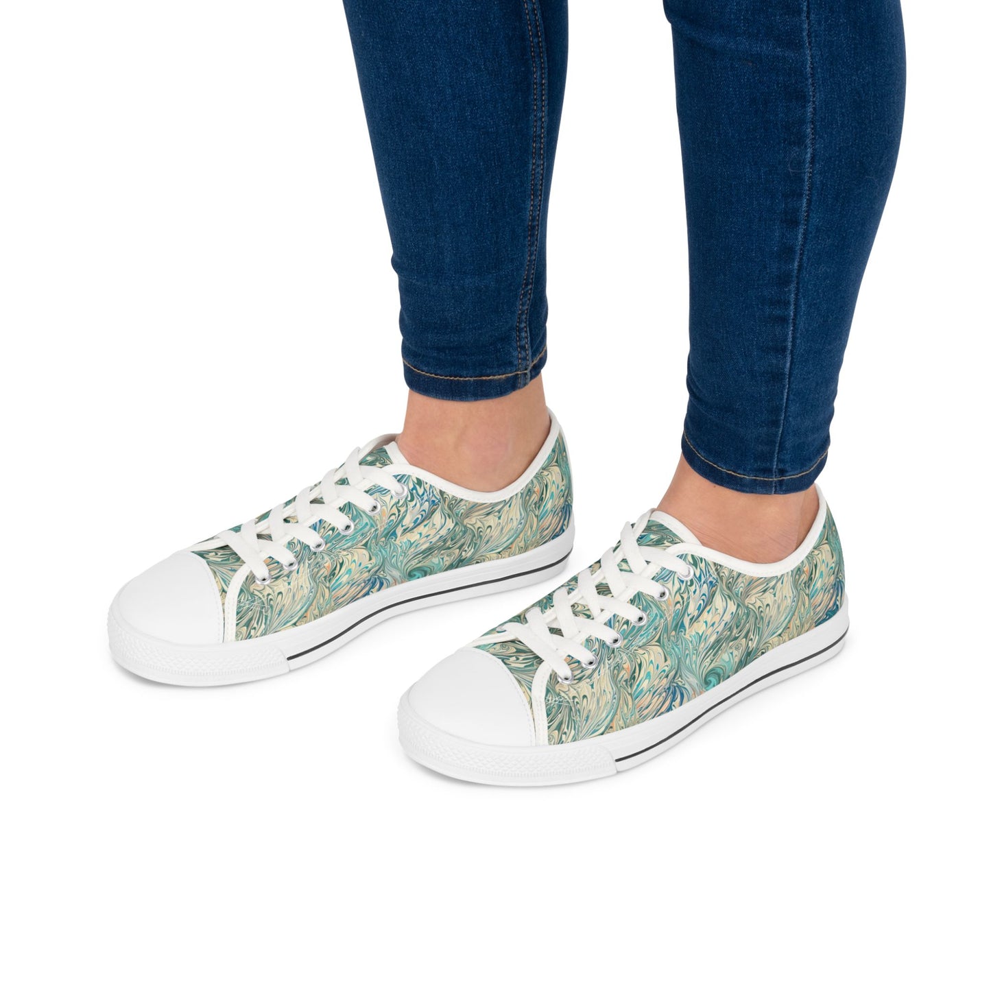 Low Top Sneakers — Teal Swirl Floral Pattern Casual Shoes