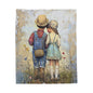 Vintage Children Standing Together Velveteen Plush Blanket — Rustic Nursery Throw