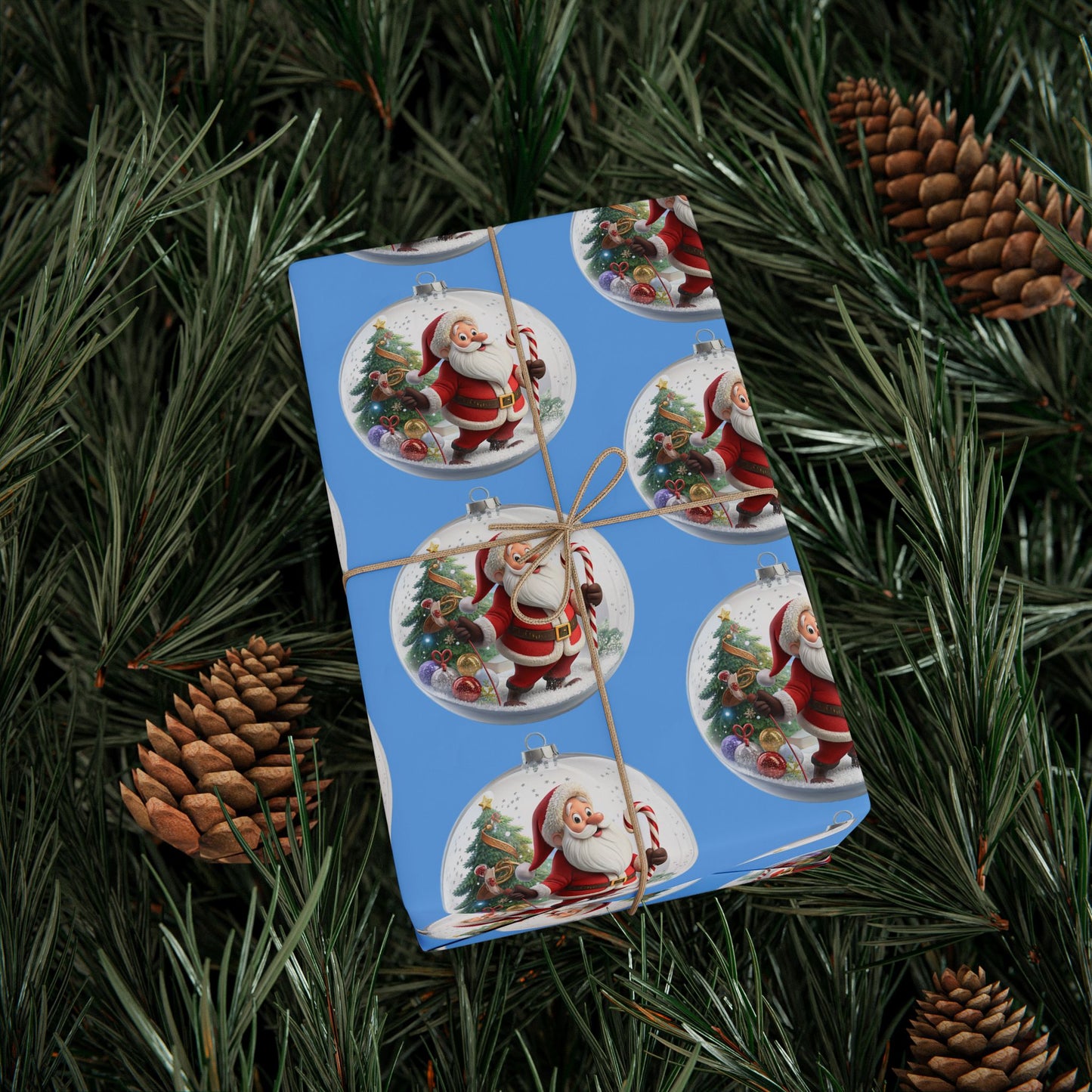 Santa Ornament Pattern Wrapping Paper – Blue Christmas Gift Wrap Roll