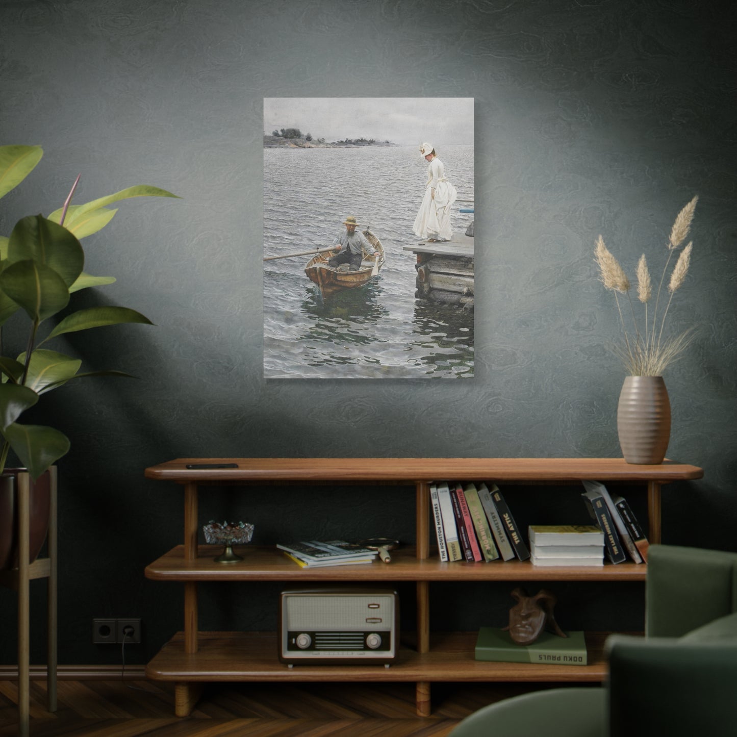 Seaside Stroll Canvas Print — Vintage Woman & Rowboat Matte Stretched Art 1.25"