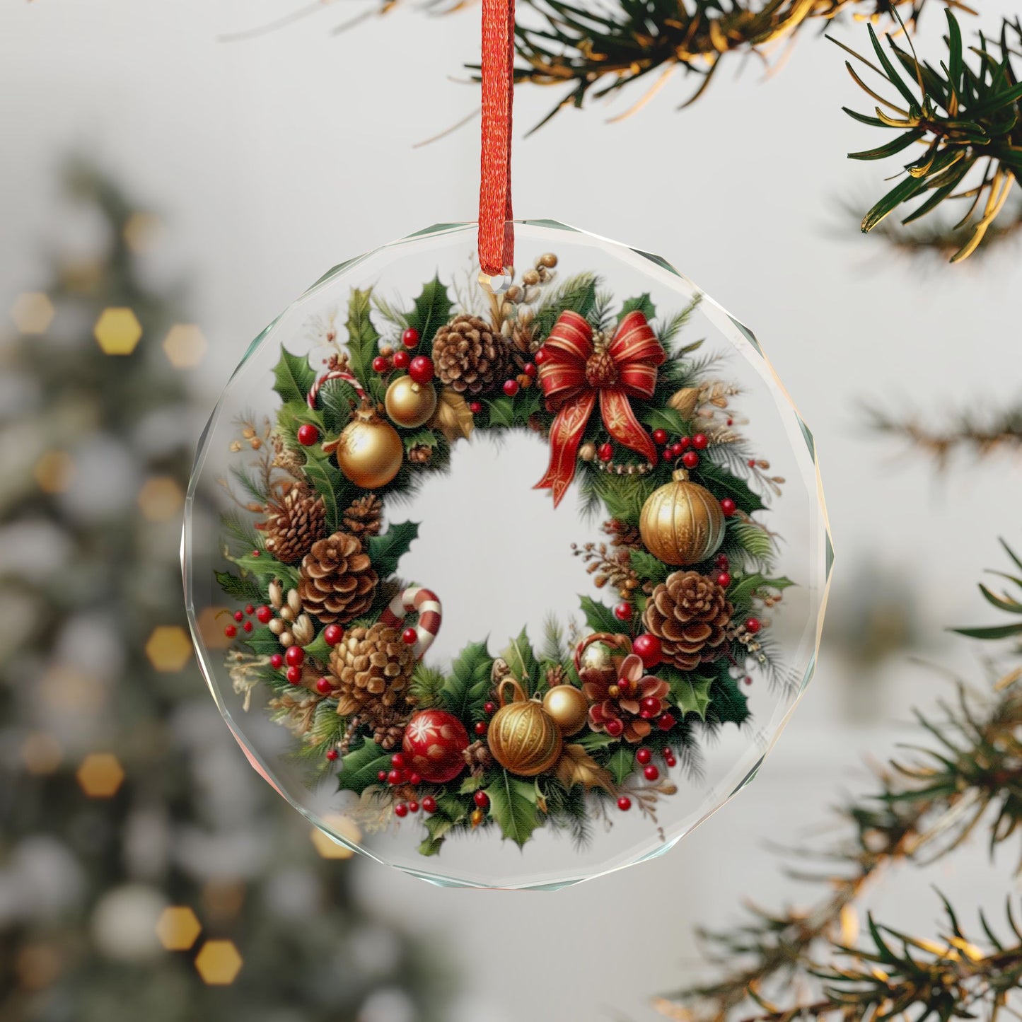 Crystal Glass Ornament — Traditional Pinecone & Holly Christmas Wreath Ornament