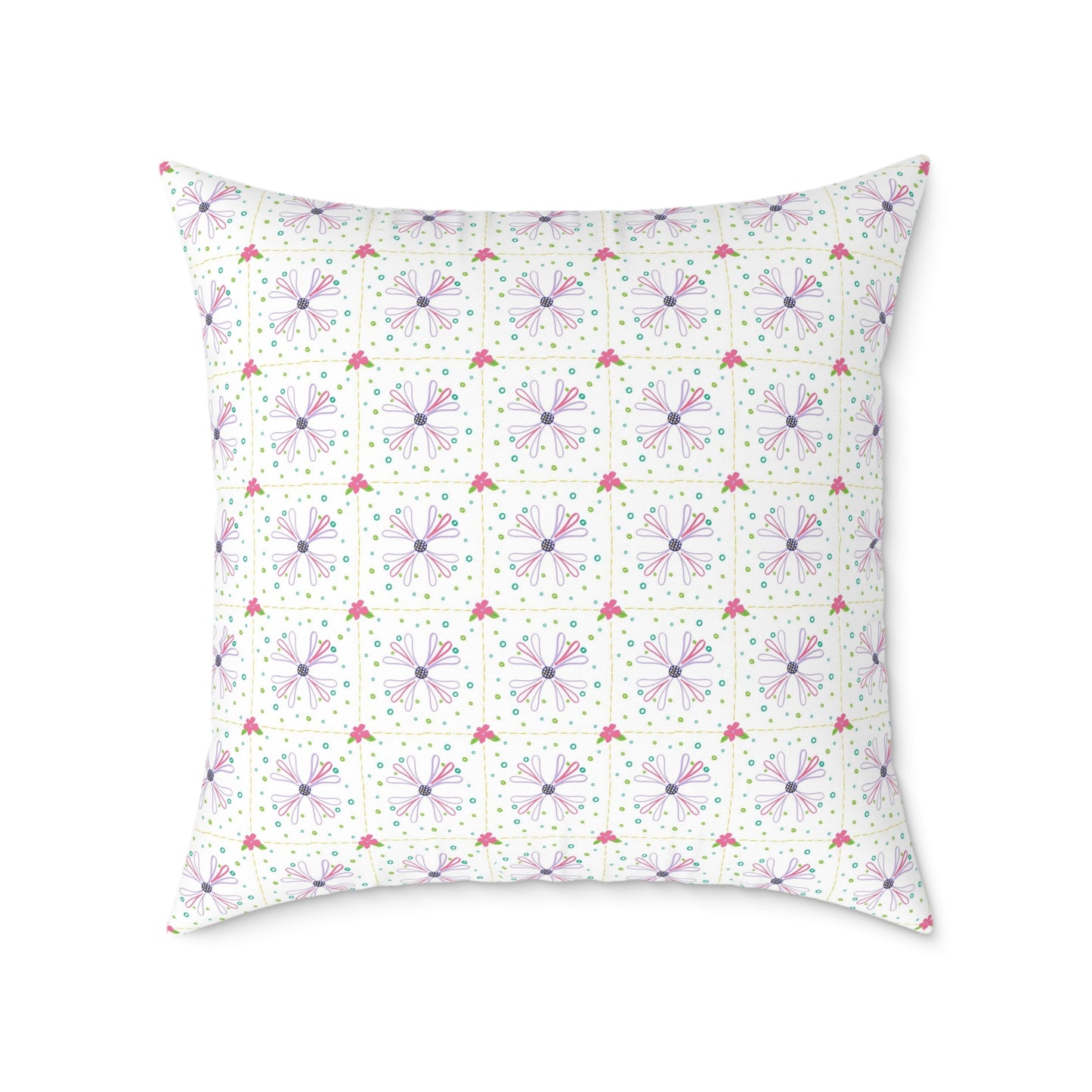 Floral Geometric Square Pillow – Pink & Lavender Patterned Throw Cushion