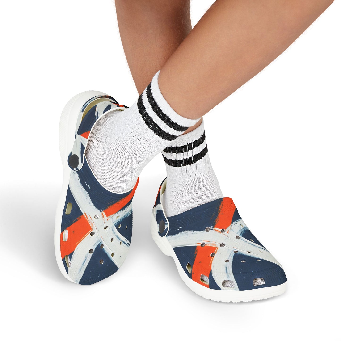 Kids Abstract Navy & Orange EVA Foam Clogs — Slip-On Summer Sandals